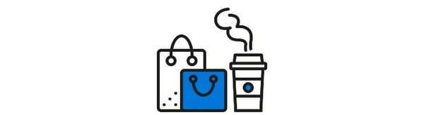 Blue icon of shopping bags and coffee